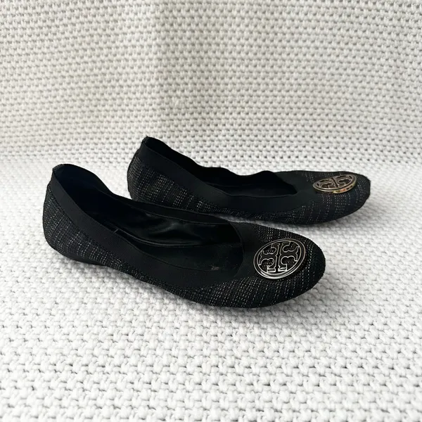 Tory Burch Black Gold Tweed Fabric Caroline Classic Reva Ballet Flats Shoes 6.5 - Image 12