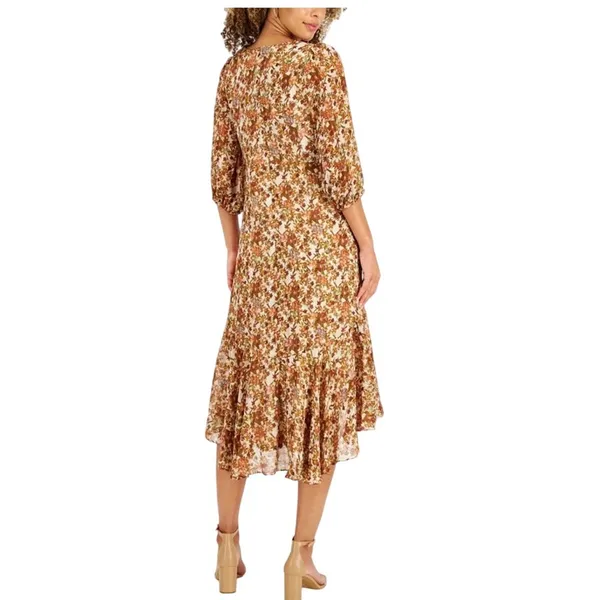 Taylor Floral High-Low Midi Dress‎ 8 Brown Gold Metallic Boho Puff Sleeve - Image 2