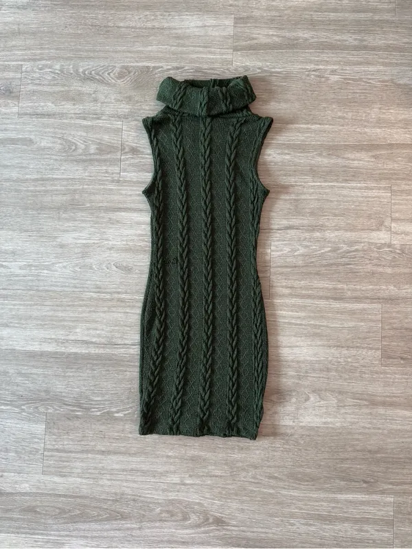 Windsor Sleeveless Cable Knit Turtleneck Dress in Dark Green, Size XS - Image 2