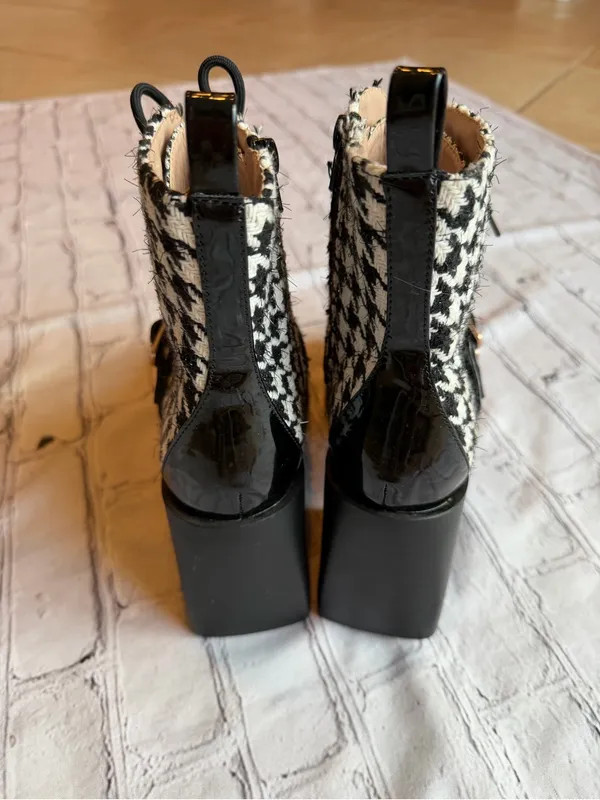 Betsey Johnson Y2K Chunky Platform Boot Houndstooth Black White Buckle Bratz 6.5 - Image 12
