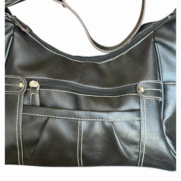 Black Faux Leather Hobo Shoulder Bag Contrast Stitch Y2K Slouchy Purse - Image 3