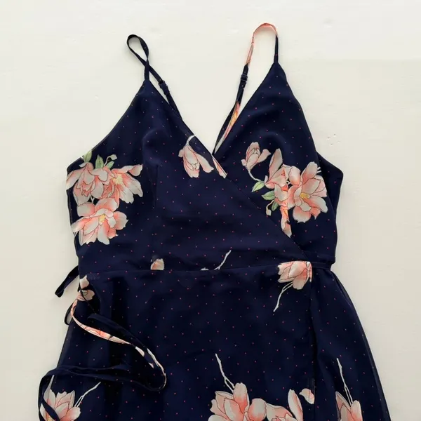 Lulus Loiselle Navy Blue Floral Print Polka Dot Wrap Maxi Dress Size XL Sundress - Image 2