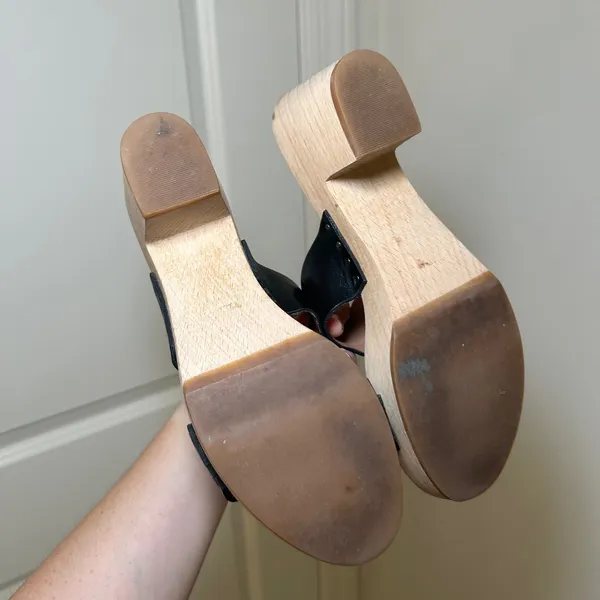 Madewell Black Leather Two-Strap Wooden Block Heel Clog Sandals Size 8 minimal - Image 4