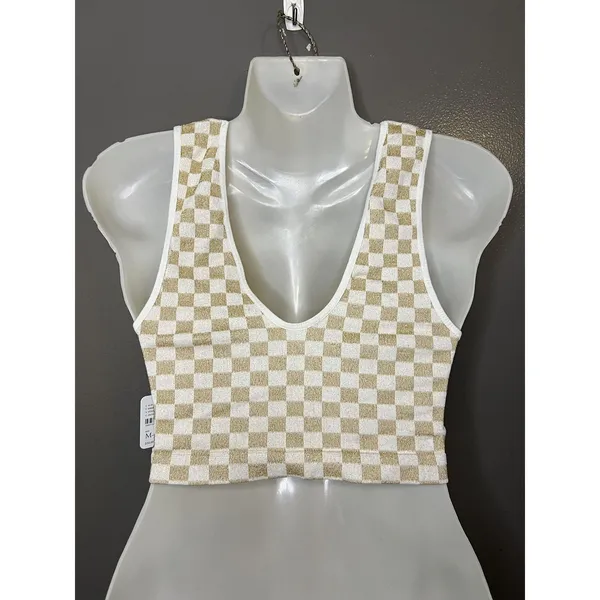 Free People Bralette Bra Womens M-L White Gold Check Knit Glitter Crop Top - Image 6
