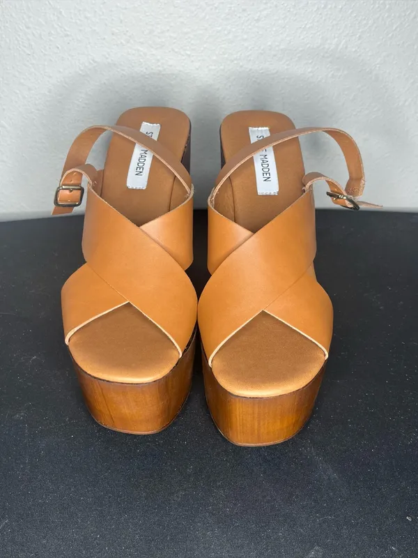 Steve Madden Cognac Leather Criss Cross Open Toe Slingback Galaxy Wedge Sandals - Image 4