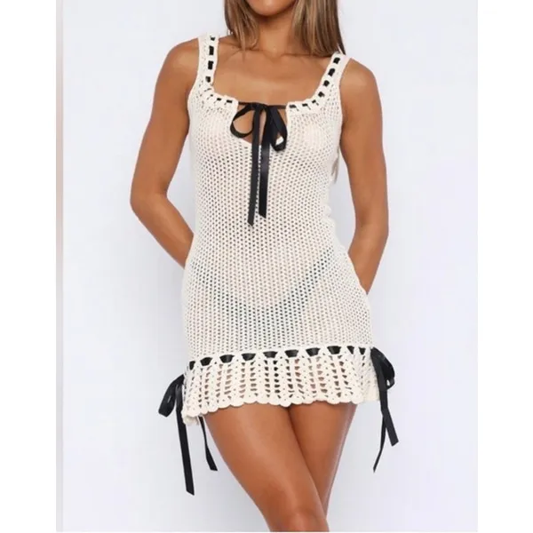 White Fox Crochet Mini Dress Everything I Do Size M Beige Black - Image 4