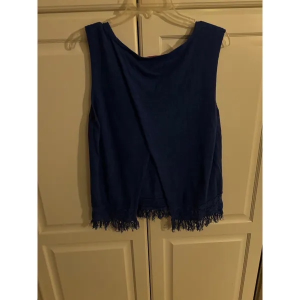 Lilly Pulitzer Blue Linen Cotton Knit Fringe Hem Crossover Back Tank Top Small‎ - Image 4