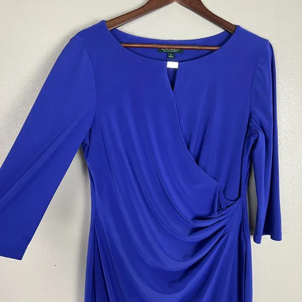 Lauren Ralph Lauren Dress 14 Purple‎ Faux Wrap Ruched Flattering Draped Classic - Image 3