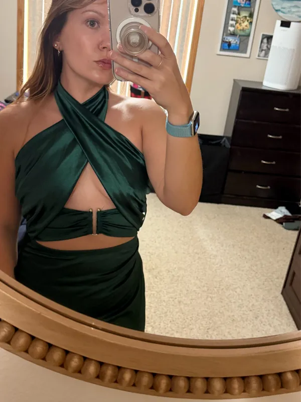 Windsor Green Satin Cut Out Dress - Image 5