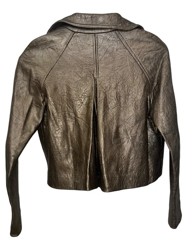 PI Poleci Metallic Bronze Thick Leather Cropped Jacket Small NWOT Tan - Image 2