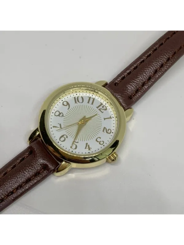 FMD Women’s watch gold tone 25mm quartz analog brown leather band running - Image 2
