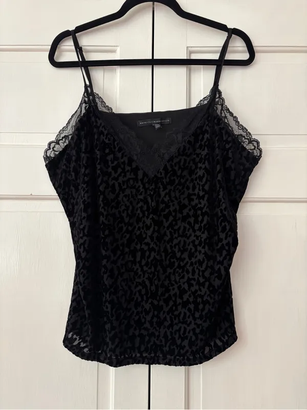 White House Black Market WHBM Black Velvet Leopard Print Lace Cami‎ Top Size XL - Image 3