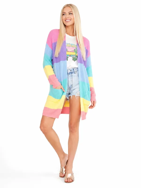 ZESICA XL Pastel Rainbow Colorblock Long Open Front Knit Cardigan Pockets - Image 6