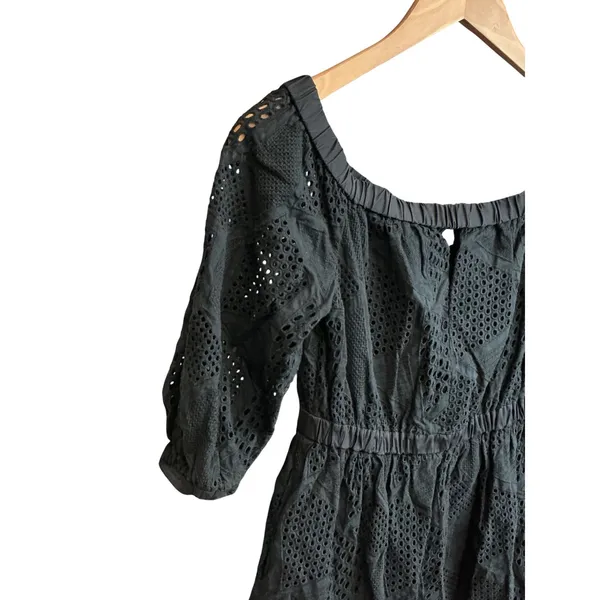 Milly Black Eyelet Cotton Mini Dress 3/4 Puff Sleeve Elastic Waist Pockets‎ P - Image 11