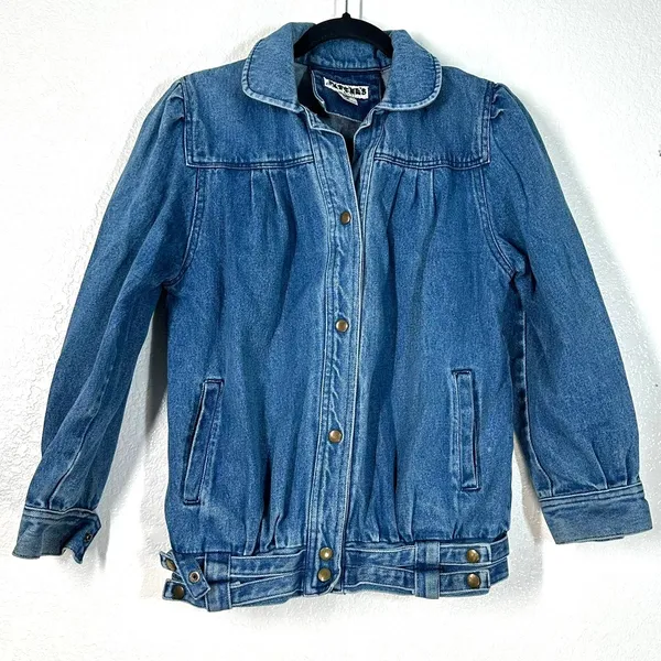 12 L vintage 1980s denim bomber jacket jean puff shoulder Western Cowgirl Chic - Image 2