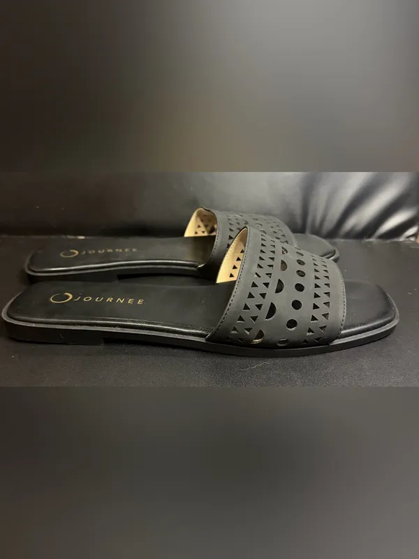Journee Black Laser-Cut Slide Sandals - Image 3