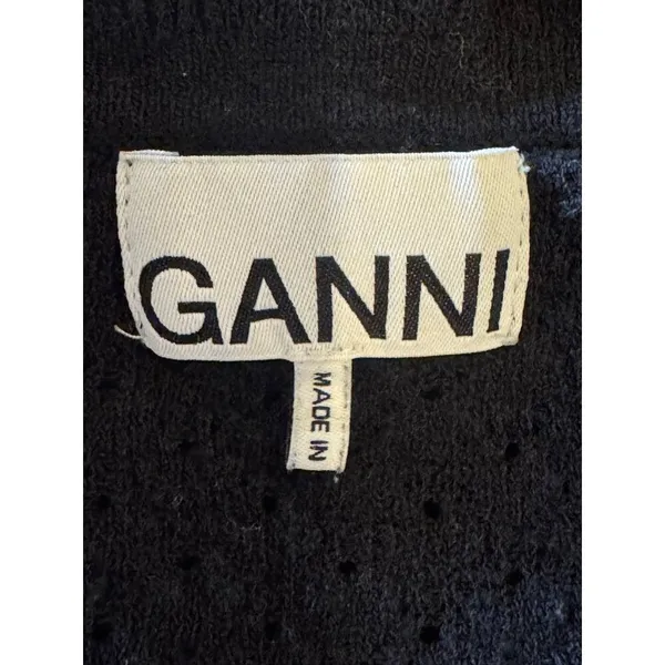 Ganni Sweater Women Small Black Linen Cotton Blend Textured Knit Ruffle Collar‎ - Image 8
