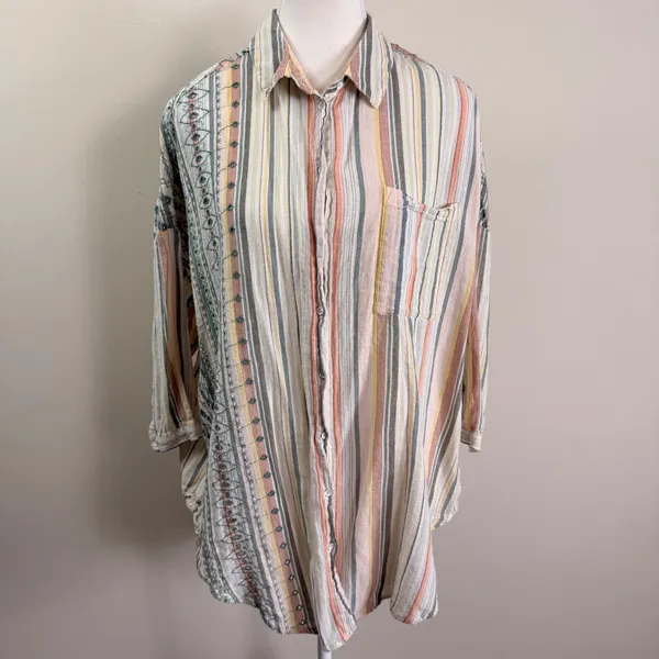 Anthropologie Striped Eyelet Buttondown Shirt Relaxed Multicolor M/L - Image 3