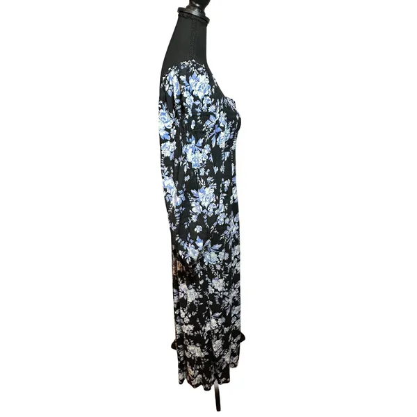 Free People Jaymes Black Blue Floral Smocked Maxi Dress Long Puff Sleeve XS - Image 4