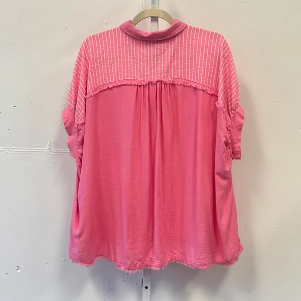 NWT Umgee USA Pink Linen Blend Striped Boho Frayed Hem Button Down Top Small - Image 2