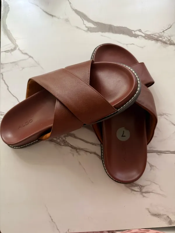 ALDO Women’s Brown Criss-Cross Slide Sandals – Leather Slip-On Flat Sandals - Image 3