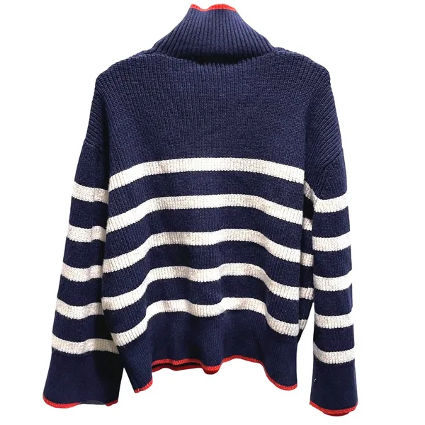 Zara Striped Mock Neck Sweater Womens Small Navy Blue Red Trim‎ Nautical Ribbed - Image 4