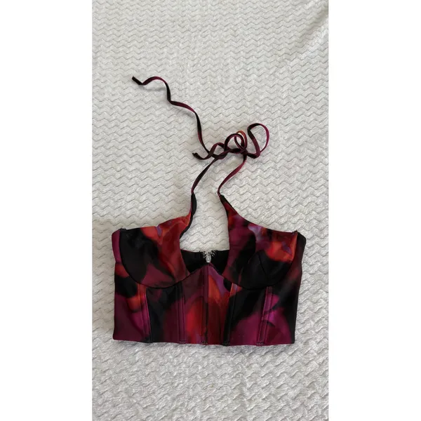 White Fox Red Purple Abstract Floral Mesh Halter Corset Crop Top XS - Image 2