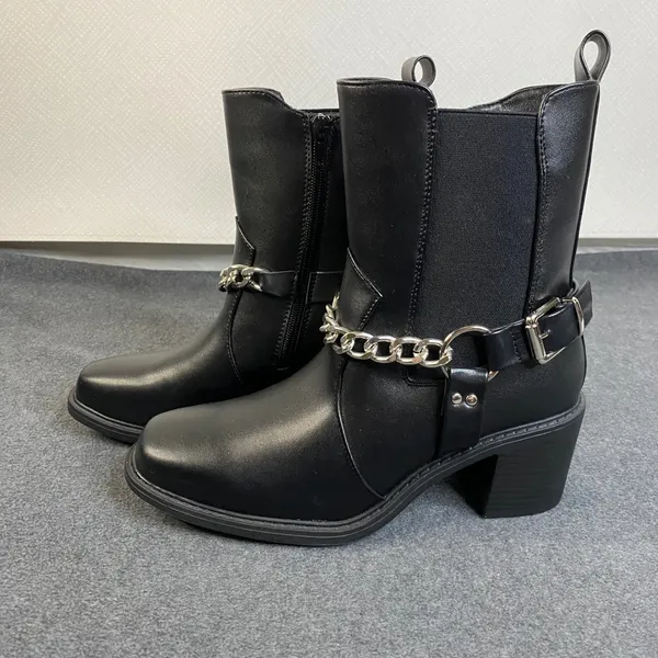 Pazzle Chain Accent Ankle Boots Women's Black Block Heel Square Toe Sz 7.5 NWOT‎ - Image 4