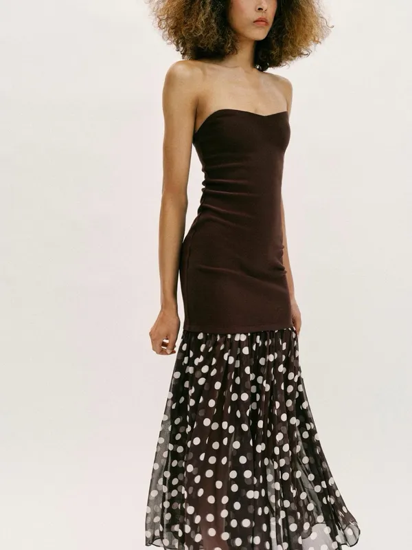 ZARA Strapless Brown Polka Dot Maxi Skirt Dress - Image 3