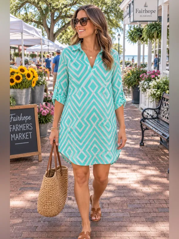 PinkBlush Maternity Mint Green Geometric Tunic Blouse Roll Tab Sleeve Small NWT - Image 3