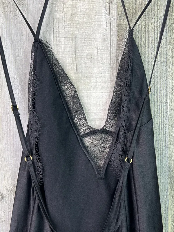 Victoria’s Secret Small Black Lace Satin Cami Slip Nighty Dress Adjustable Strap - Image 3