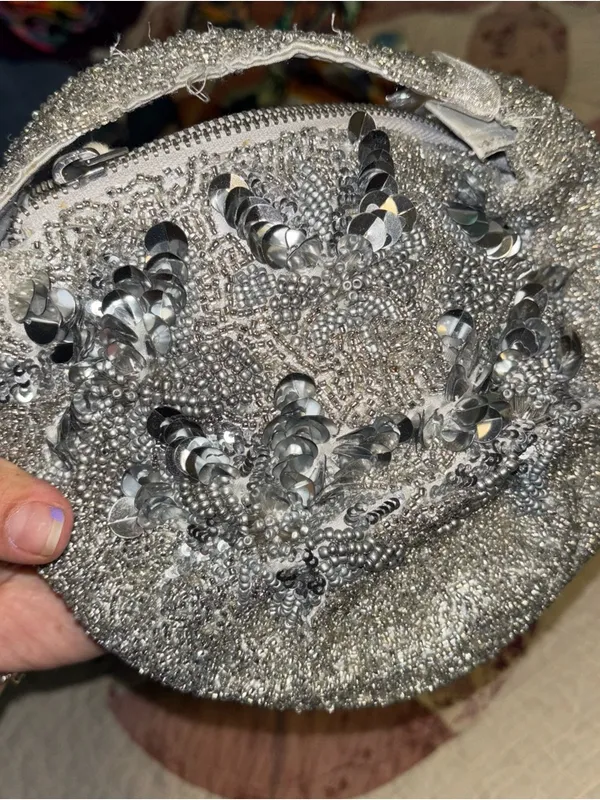 Silver India Sequin Beaded Evening Clutch Purse HaBag Handbag Party Wedding - Image 5