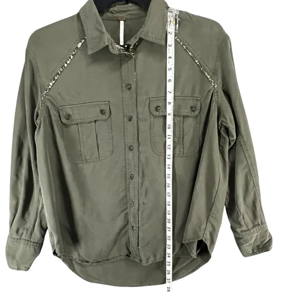 Free People Off Campus Shirt Womens XS Moss‎ Green Tencel Metallic Boho Utility - Image 9
