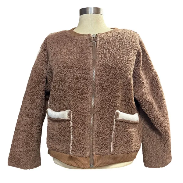 Sherpa M Fleece Zip Up Jacket Brown Gorpcore Cozy Teddy Bomber Winter‎ Fall Soft - Image 2