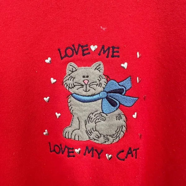 Vintage Embroidered Cat Lady Love My Cat Double Collar Red Blue Sweatshirt Large - Image 4