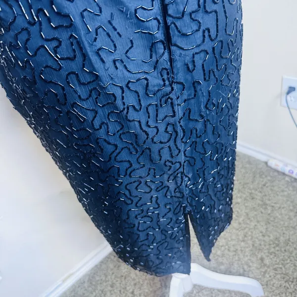 Vintage 90s Laurence Kazar Silk Dress Black fully Beaded Statement Formal XL‎ - Image 6