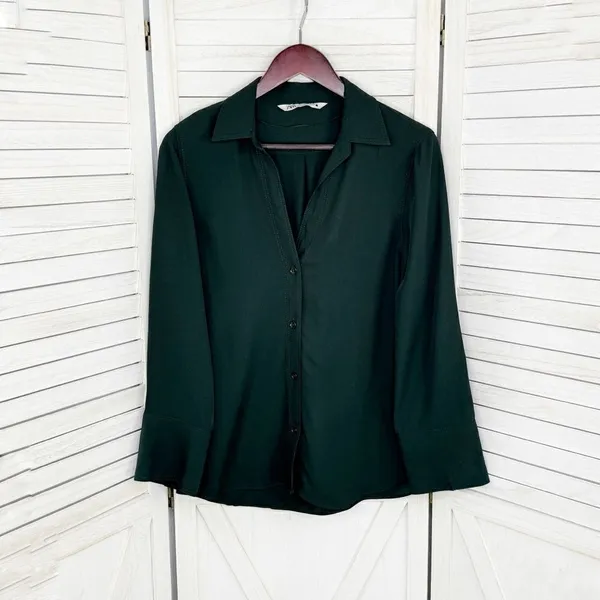 Zara V Neck Button Front Shirt Blouse‎ Dark Green Small Long Sleeve - Image 7