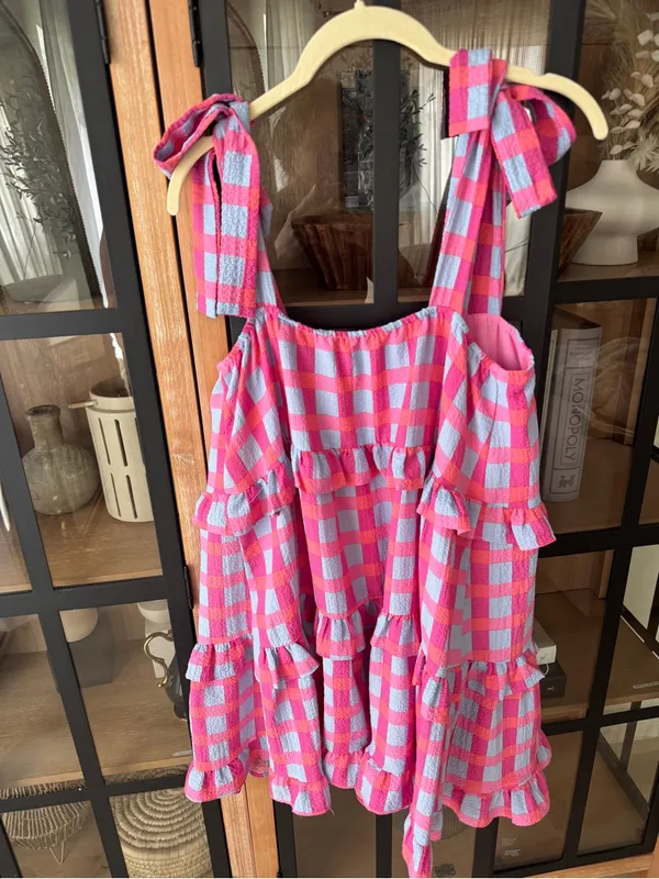 Buddy love gingham ruffle tiered mini dress bows babydoll periwinkle tie straps - Image 4