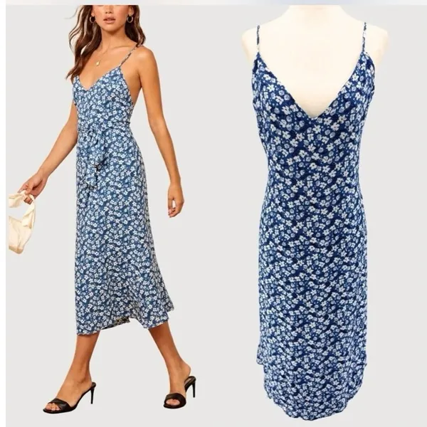 Reformation Dietrich Blue Floral Crepe Midi Dress Sz 4 - Image 2