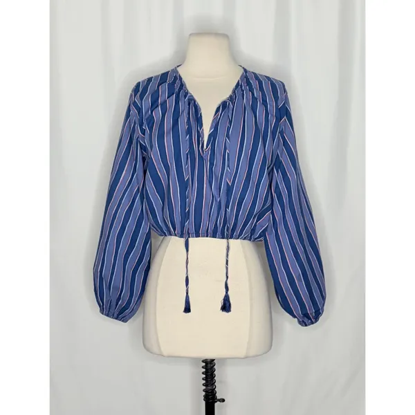 NATALIE MARTIN Amelia Top Batik Stripe Navy Cotton Tassel Tie Blouse Top Small - Image 2