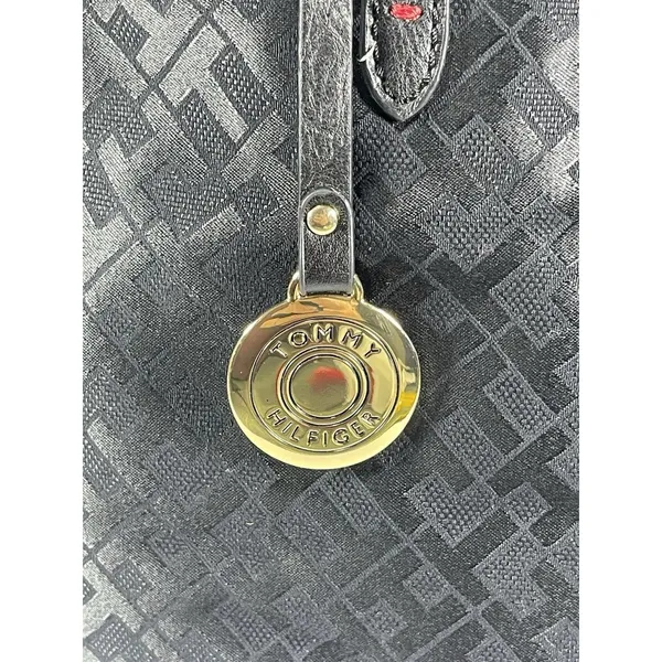 Tommy Hilfiger Black Logo Tote Bag Gold Hardware Bag Charm Zipper Accents - Image 2