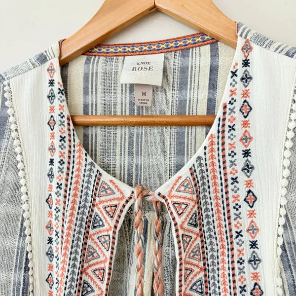 Knox Rose Cardigan Top M Cotton Boho Embroidered Fringe Blue Cream Peasant - Image 2