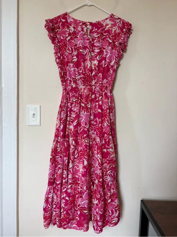 HAYDEN LA Tropical Floral Smocked Ruffled Midi Tank Dress Pink Sz Large - Image 11