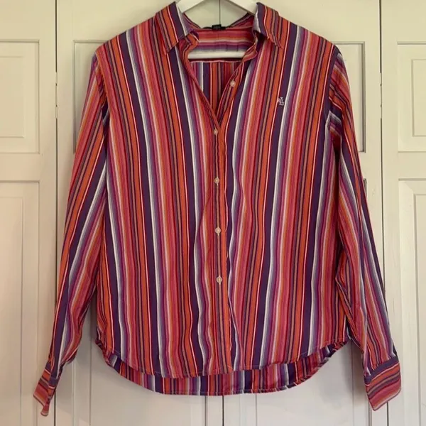 Lauren Ralph Lauren 100% cotton pink striped button down large - Image 2