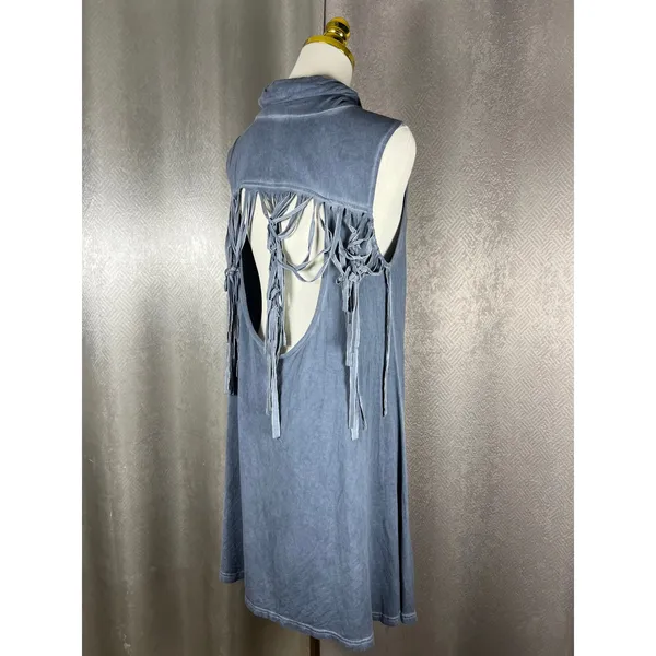 POL Womens Blue Mineral Wash Cowl Neck Fringe Open Back Sleeveless Mini Dress L - Image 9