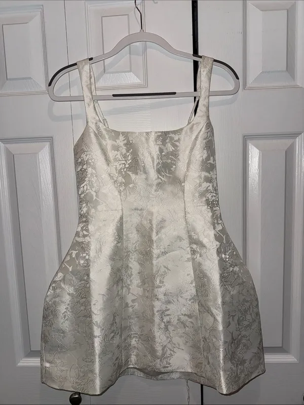 Babyboo Orla Mini Dress - Ivory. Square-Neck White Jacquard A-Line Wedding Dress - Image 14