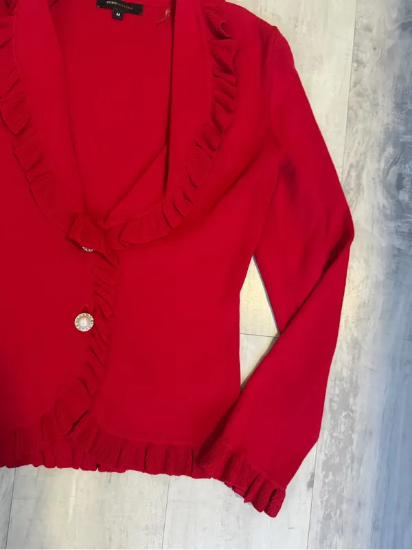 BCBGMaxAzria Vibrant Red Ruffle-Trim Cardigan - Image 3