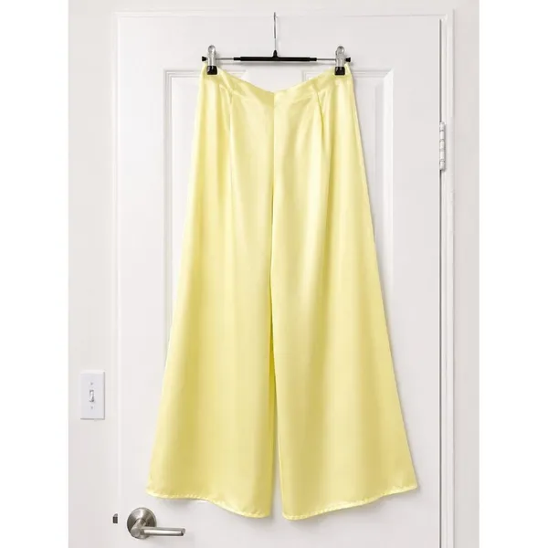 Handmade Butter Yellow Satin Palazzo Pants Wide Leg High Rise Cottagecore Size 2 - Image 2