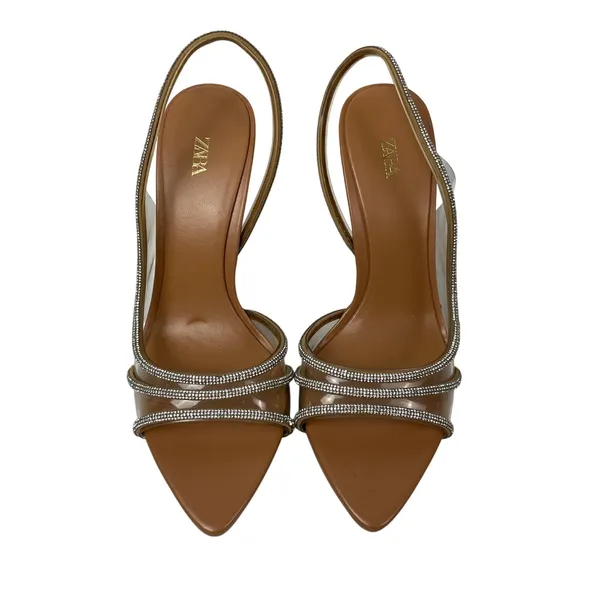 Zara Brown Embellished Rhinestones Pointed Toe Kitten Heels Slingback Sandals 37 - Image 2