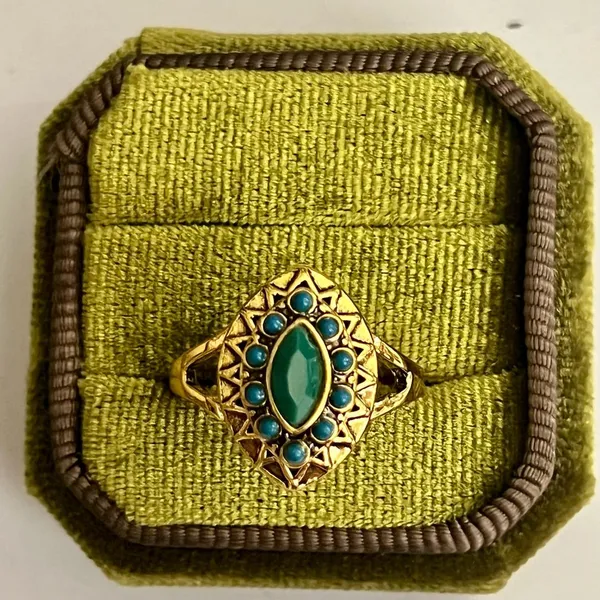 Green Onyx & Turquoise Marquise Titanium Steel Gold Tone Statement Ring Size 9 - Image 2